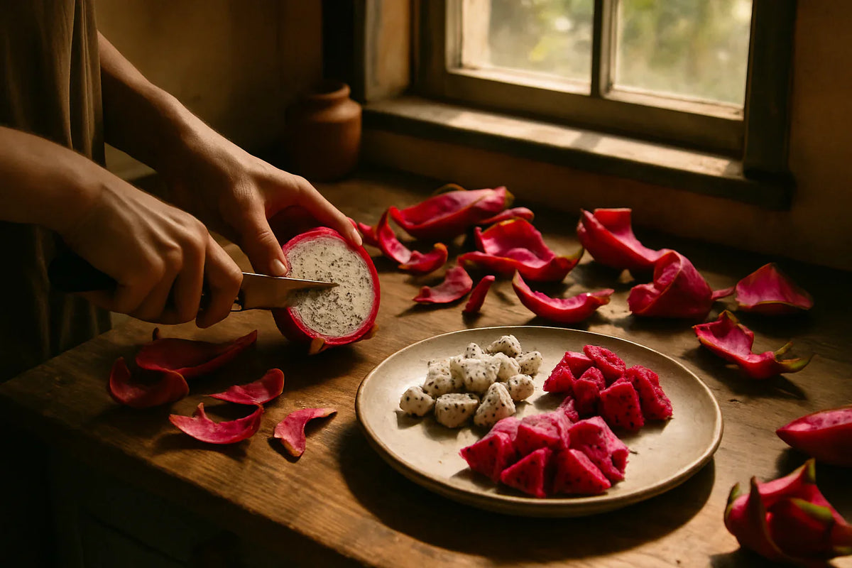 Professional chef demonstrating dragon fruit cutting techniques with five exotic varieties displayed on cutting board