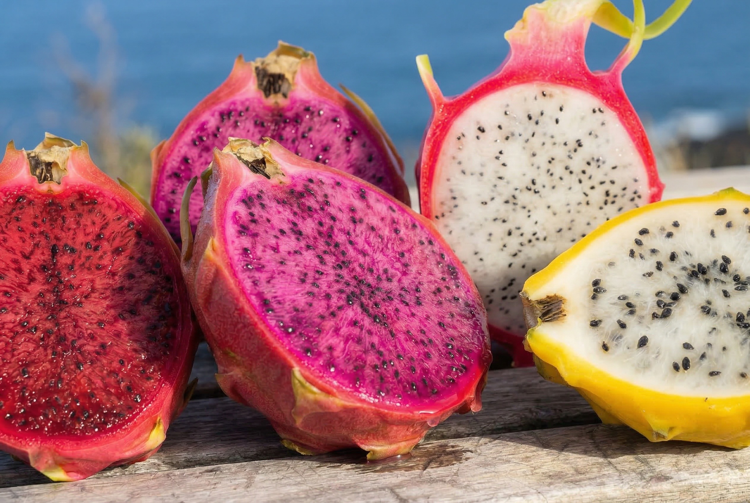 Cross-sections of five exotic dragon fruit varieties showing colorful interior flesh and seed patterns