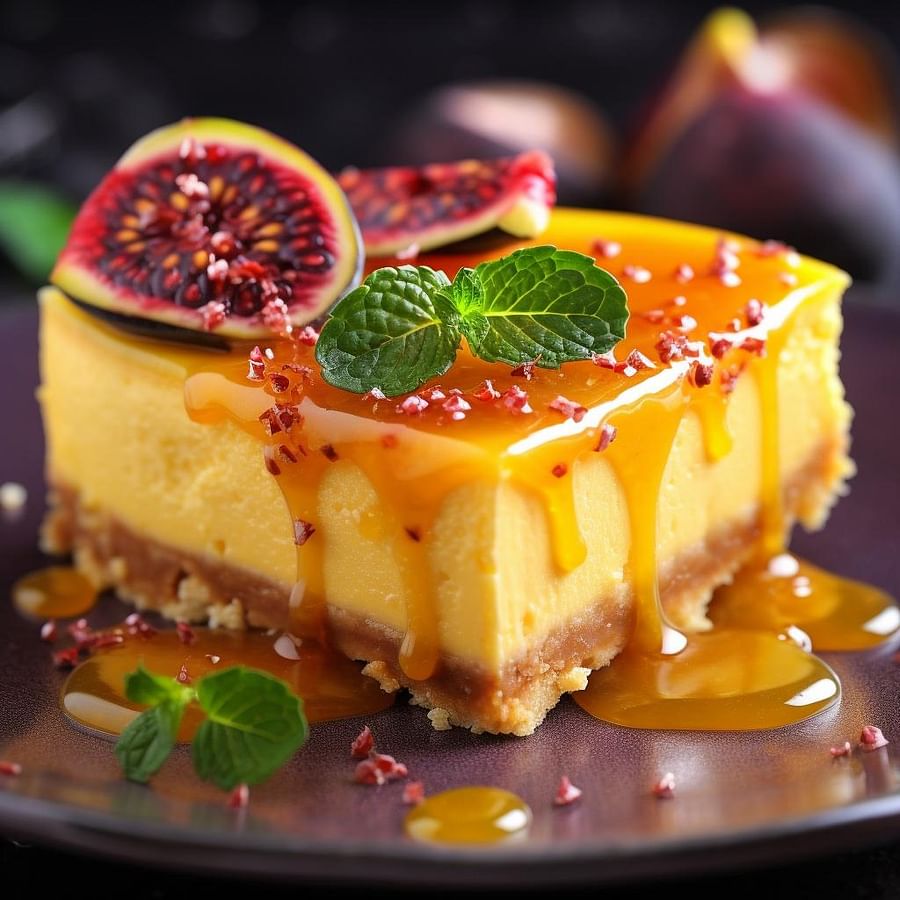 Passion fruit cheesecake with a golden crust and vibrant glaze