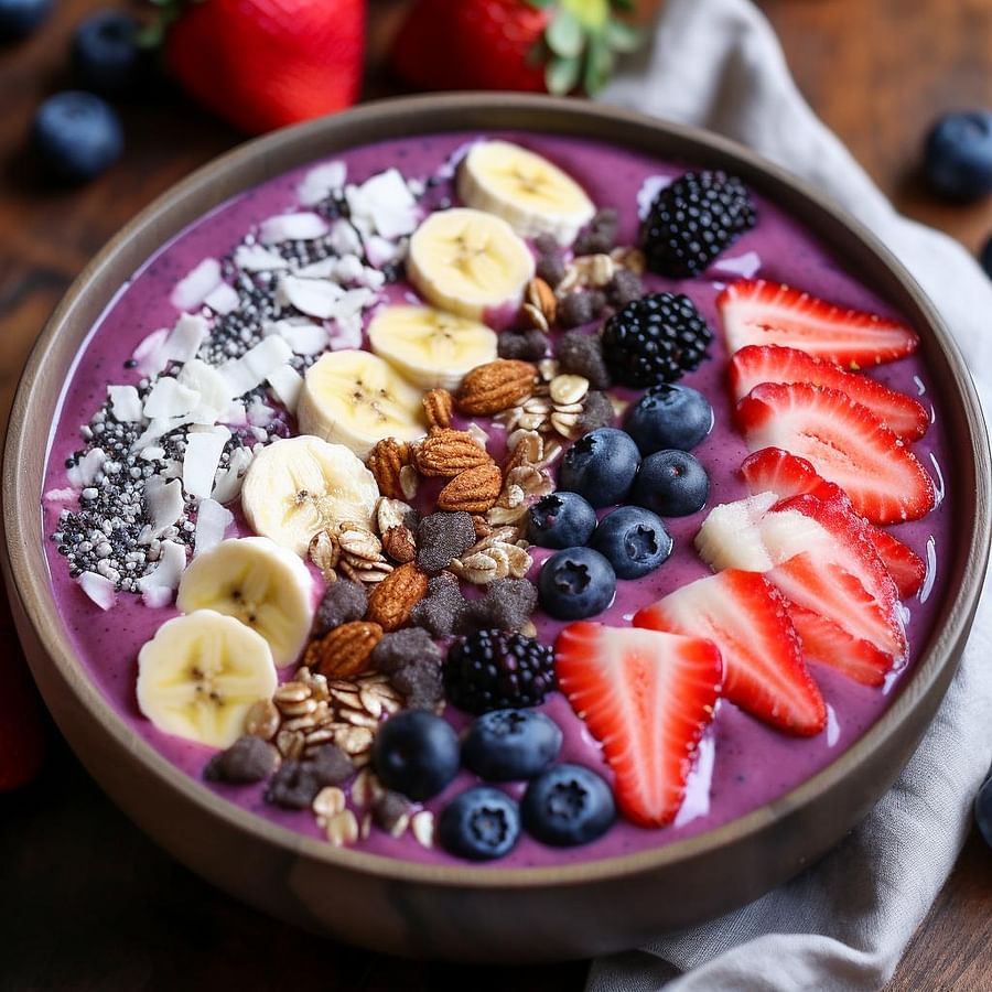 A colorful acai smoothie bowl topped with fresh fruit and granola