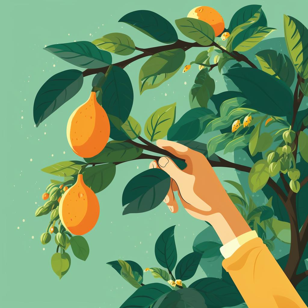 A hand picking a ripe, exotic fruit from a plant.